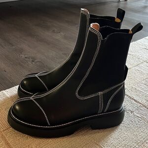 Ganni Black Everyday Chelsea/Combat Boots with White Stitching w8.5/w39
